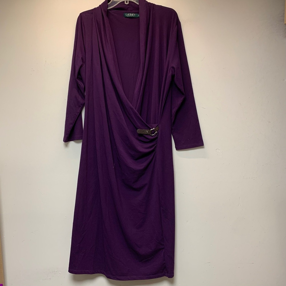 Lauren Ralph Lauren Faux Wrap Dress Womens XL Purple Excellent Buckle Detail